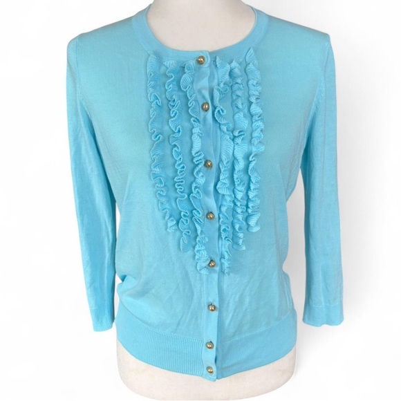 Talbots Sweaters - Talbots Aqua Blue Ruffle Button-Up Women's Sweater